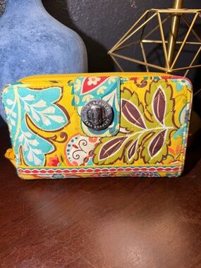Vera Bradley Yellow Turquoise Brown Floral Quilted Turn-Lock Wallet